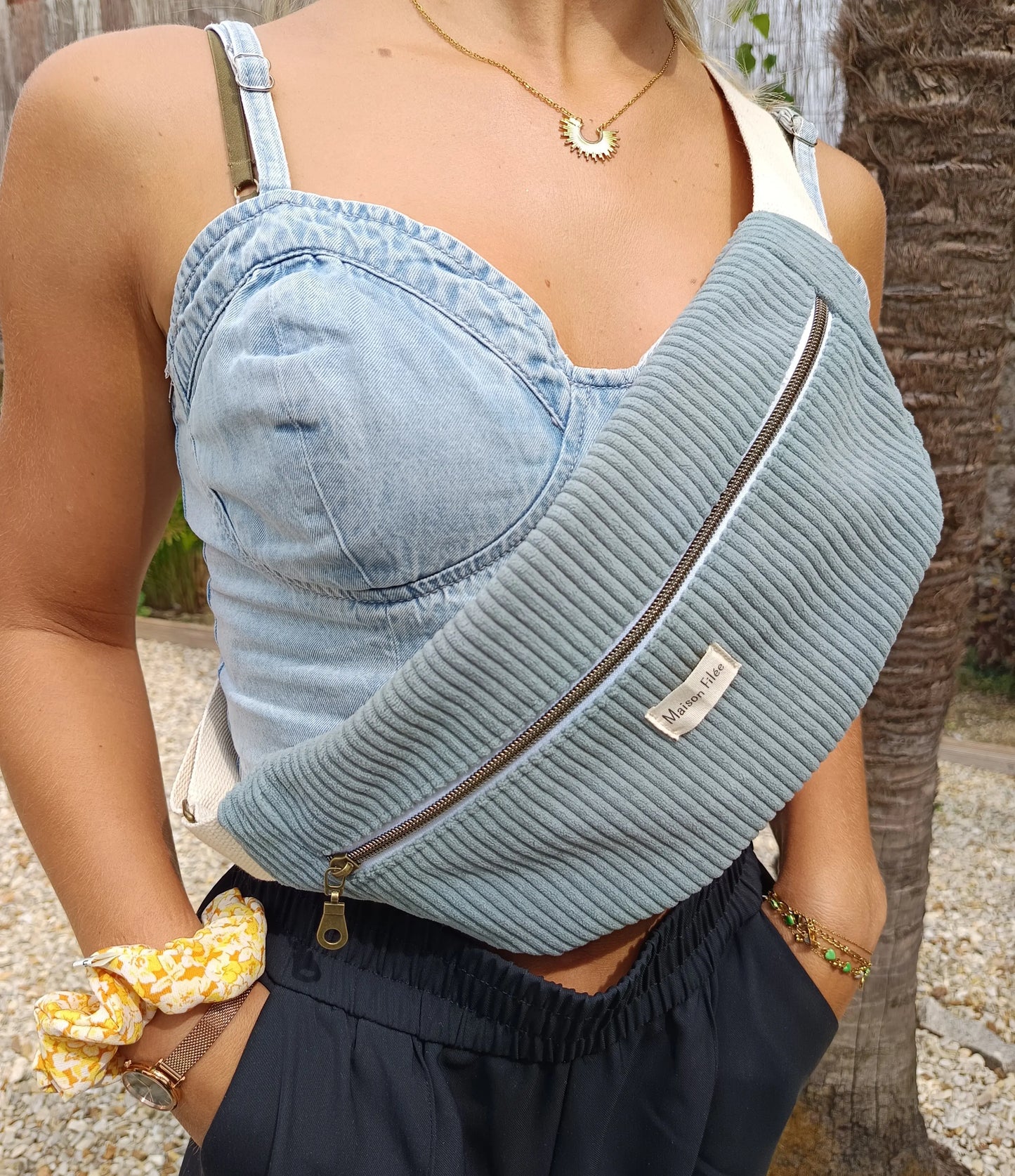Sac Banane Velours Côtelé Bleu - ALTHÉA