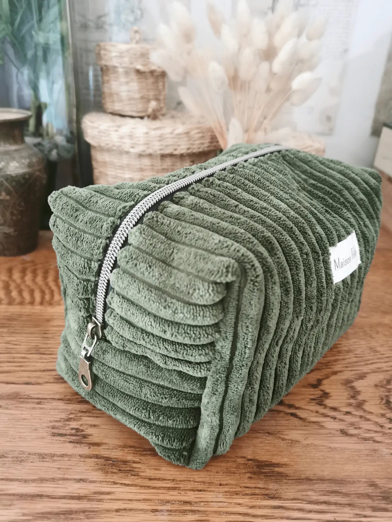 Trousse de Toilette Velours Côtelé Vert 21x12cm (Classique) - OLIVE