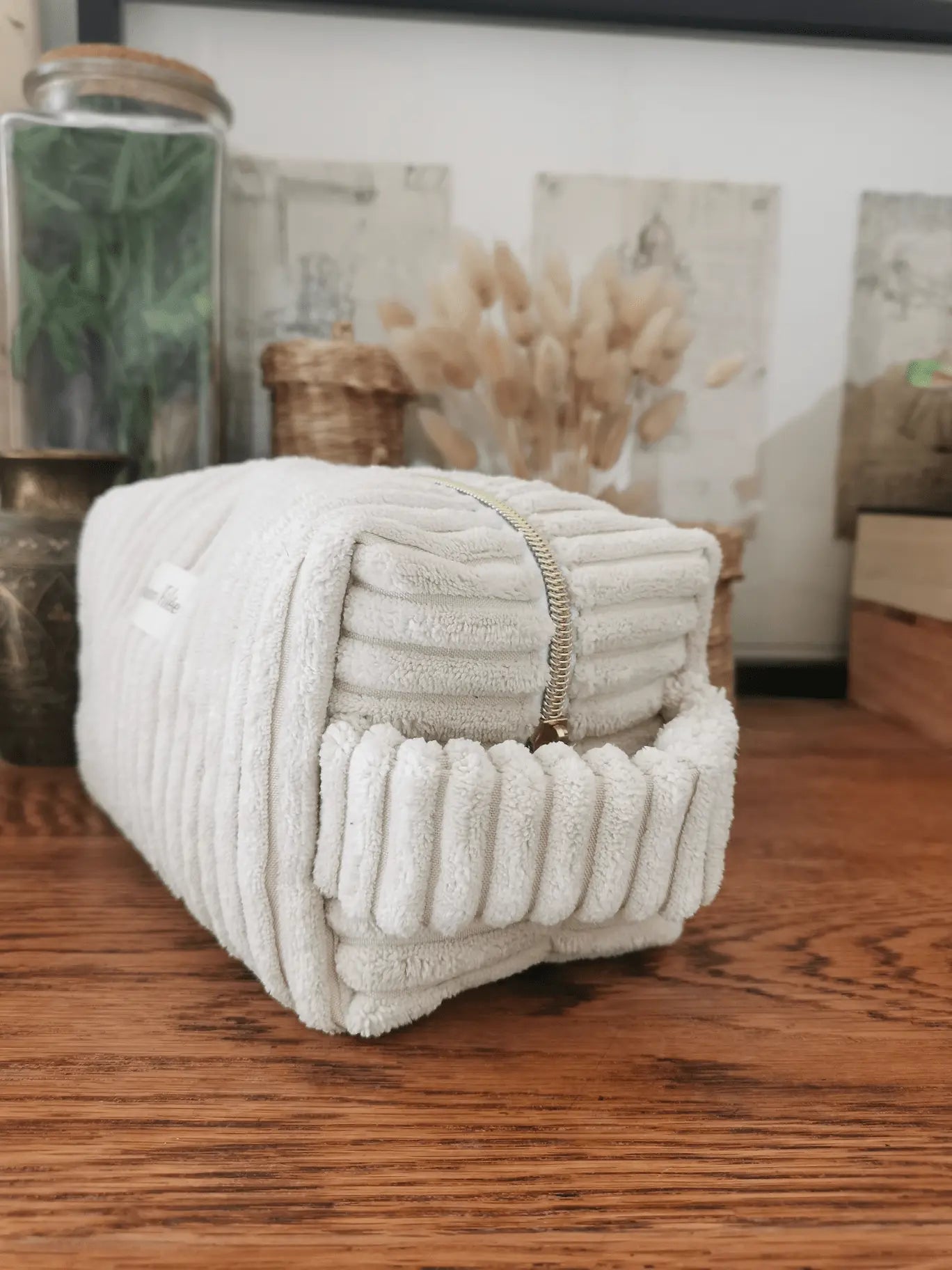 Trousse de Toilette Velours Côtelé Ecru 21x12cm (Classique) - PAMPA